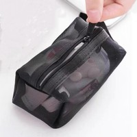 Pochette de voyage cosmétique en maille noire avec fermeture éclair et logo personnalisé, petite pochette organisatrice en maille