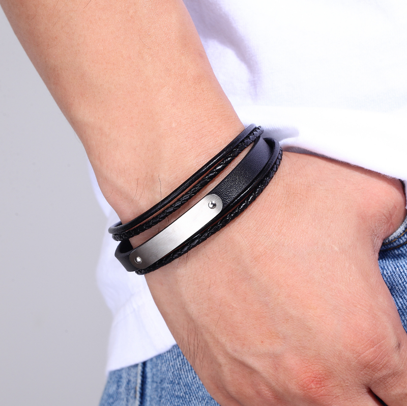Black Silver Tone Layered Leather Bracelet