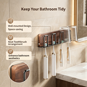 Black Drill-Free Durable Traditional Toothbrush Holder Wall-Mounted Bathroom Storage <b>Rack</b> for Toothbrushes & Mouthwash Cups - Product Image 3