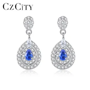 Pendientes de plata de ley 925 con forma de pera, joyería elegante, en forma de lágrima, de zafiro azul, para boda, CZ