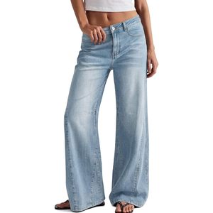 Jean évasé taille haute pour femme, coupe ample, en denim stretch, délavage clair, mélange coton et élasthanne - Product Image 1