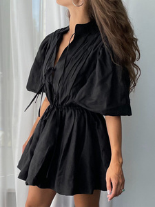 Abito Estivo Personalizzato 2026 in Cotone al Ginocchio - Vestito a Pieghe con Colletto alla Coreana e Dettaglio Fiocco, Linea ad A, OEM/ODM da Fabbrica di <span class=keywords><strong>Abbigliamento</strong></span> Cinese - Product Image 3