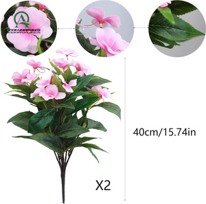 Flores artificiales <span class=keywords><strong>Impatiens</strong></span>, arbustos, Rosa flores de seda, ramo verde para Patio, césped, jardín, maceta, cesta colgante, decoración de porche - Product Image 2
