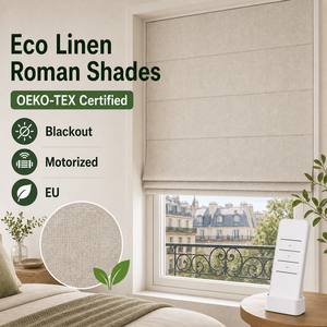 Eco Friendly OEKO-TEX Roman Shades <strong>Natural</strong> Linen Blackout Custom Size Motorized Wholesale for Bedroom France <strong>UK</strong> - Product Image 1