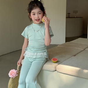 Tenue deux pièces pour enfants filles, couleur unie, avec cordon de serrage, manches courtes, pantalon évasé, pour le printemps et l'automne - Product Image 3
