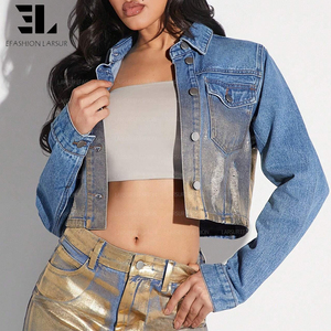 Giacca di Jeans da <span class=keywords><strong>Donna</strong></span> LARSUR Personalizzata di Fabbrica Cerata Laminata con Stampa Dorata Rivestita Stile Cowgirl <span class=keywords><strong>Bomber</strong></span> Corta a Maniche Lunghe - Product Image 1