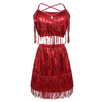 Ensemble de costume de danse latine pour femme en polyester à sequins, jupe camisole ajustée taille mi-haute avec pompons pour spectacles sur scène et soirées