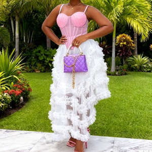 เสื้อลำลองของผู้หญิงและกระโปรงตาข่ายทรงไม่สมมาตรชุด2ชิ้นแฟชั่น - Product Image 1