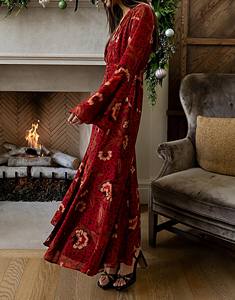 <span class=keywords><strong>Robe</strong></span> longue vintage rouge à fleurs en mousseline pour femme, manches cloche, col en V, fente haute, <span class=keywords><strong>style</strong></span> bohème, idéale pour les vacances - Product Image 6