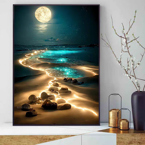 Fábrica personalizada de lujo Luna noche fantasía color playa <span class=keywords><strong>paisaje</strong></span> lienzo enmarcado sala de estar decoración 5D diamante pinturas de pared - Product Image 5