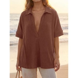 Custom <b>Womens</b> Oversized Deep V Neck Ribbed Knit Shirt Short Sleeve Casual <b>Top</b> Summer Wear - Product Image 4
