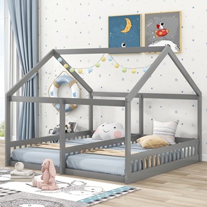 Grey <b>House</b>-Shaped Wooden Double <b>Bed</b> For Kids Bunk <b>Bed</b> With Disassembly Feature Bedroom Furniture - Product Image 2