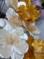 Fleurs géantes en organza satiné or et blanc, ensemble de fleurs en tissu de luxe pour la décoration de mariage et d'événements