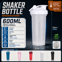 Bouteille de 600 ml en plastique sans BPA, étanche, pour la gym et le sport, idéale pour boire directement et mélanger les protéines en poudre, écologique