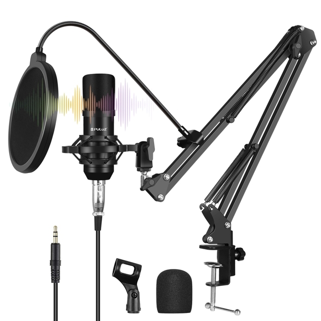 PULUZ Studio Broadcast Professional Singing Microphone Kits with Suspension Scissor Arm & USB Sound Card(Black)