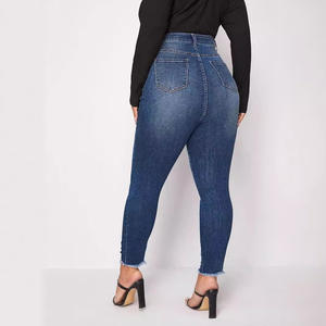 Pantalones vaqueros ajustados azules de talla grande para <span class=keywords><strong>mujer</strong></span>, mallas de lápiz elásticas de cintura alta, estilo Mom Fit, mezclilla ajustada con dobladillo deshilachado para invierno - Product Image 2