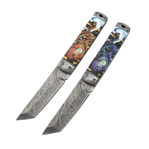 3d Afdrukken Vast Mes Outdoor Camping Mes Met Lederen Schede Full Tang Jacht Tanto Punt Blade Laser Gegraveerd Damascus