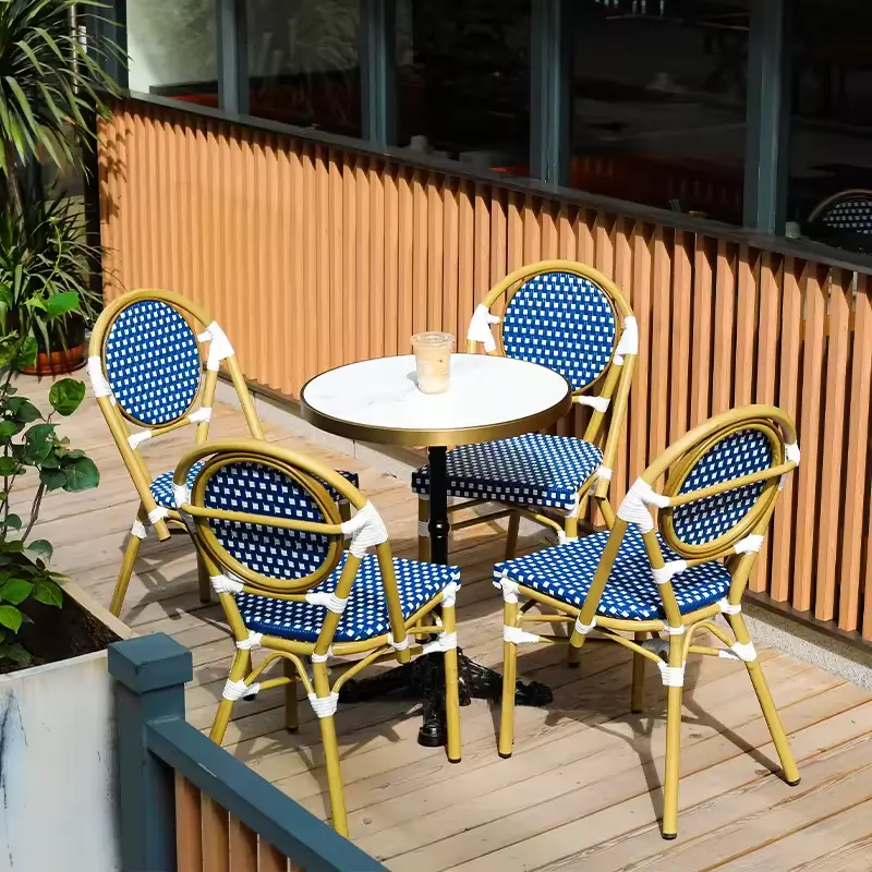 Muebles de jardín modernos, juego de café francés, silla Bistro, silla de caña azul de PE de aluminio, silla sin brazos para balcón y jardín