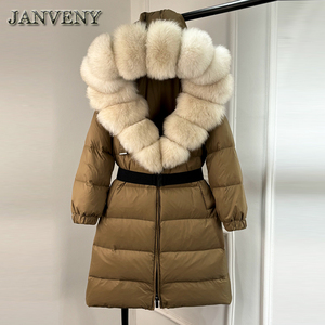 JANVENY Nuovo Parka Piumino <span class=keywords><strong>Lungo</strong></span> da <span class=keywords><strong>Donna</strong></span> Sciolto con Cintura, Caldo e Spesso, Imbottito al 90% in Piuma d'Anatra Bianca Naturale, Giacca Invernale con Grande Collo in Vera Pelliccia di Volpe - Product Image 6