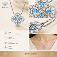 Collier Fleur Ajourée en Argent Sterling S925 avec Aquamarine et Accents de Zirconium Cubique, Plaqué Or Blanc Minimaliste pour Boutiques et Vente au Détail