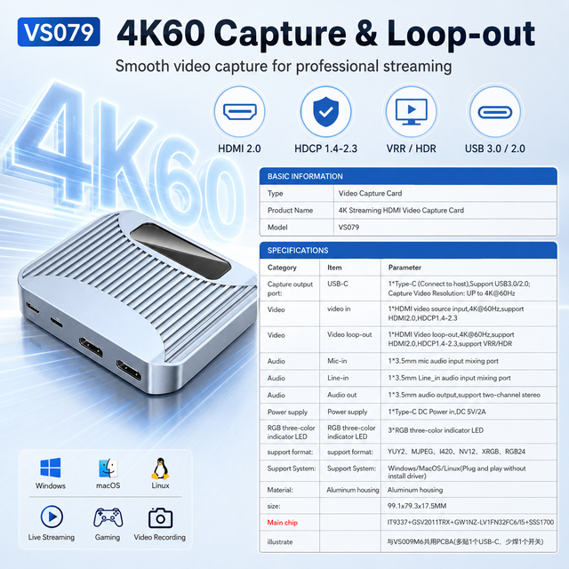 VS079 4K 60Hz HDMI Video Capture Card USB C Streaming Grabber Loop Out VRR HDR Mic in Aluminum for Gaming Live Record