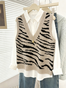 Chaleco de punto con estampado de cebra y cuello en V para mujer, suéter sin mangas informal, chaleco tejido para damas, ropa exterior para superponer, venta al por mayor - Product Image 4