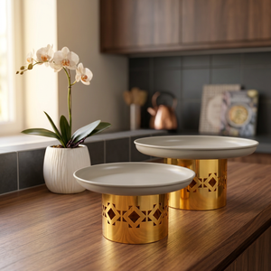 Plateau de service moderne en métal, finition beige avec base géométrique dorée découpée, idéal pour gâteaux et fruits - Product Image 2