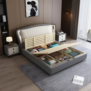 यूरोप शैली इतालवी बेडरूम फर्नीचर सेट लक्जरी आधुनिक राजा आकार लकड़ी के बिस्तर डिजाइन डबल लकड़ी के चमड़े के नरम बिस्तर