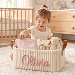Organizador de Juguetes para Bebés con Nombre Personalizado, Estilo Bohemio, Plegable, Material de Pana Gruesa, Asas de Cuero, Regalo para Ropa de Bebé y Libros - Product Image 3