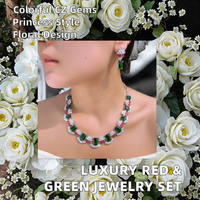 Parure de bijoux de luxe extravagante rouge et verte avec collier et boucles d'oreilles en zircon cubique plaqué argent, motif floral, pour mariage et soirée