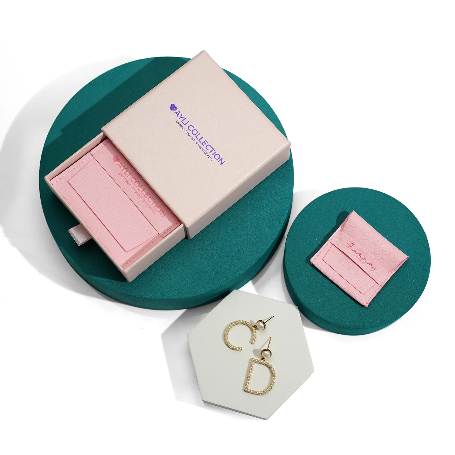 Custom Personalized logo printed drawer Cardboard jewelry box And Microfiber Jewelry pouch bag