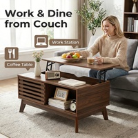 Table basse relevable moderne avec rangement, table de canapé de style mid-century avec porte coulissante à lattes et compartiment caché pour salon