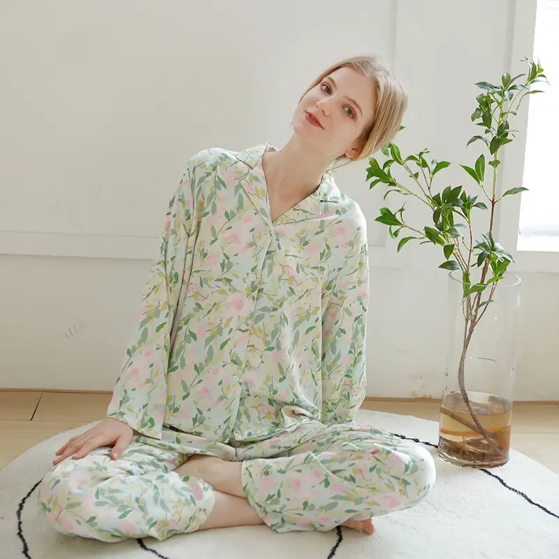 Wholesale robe High Quality Floral Print Long Pants Viscose Clothing Summer Pajamas Thin Rayon pyjamas silk sleepwear