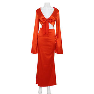 Y2169 Женская мода на шнуровке с длинным рукавом сексуальный V-образным вырезом Темперамент низкая талия длинная юбка в пол комплект - Product Image 6