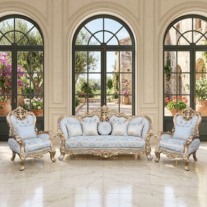 Luxury Convertible Traditional Teak Wood Antique <b>Gold</b> 5 Seater <b>Sofa</b> Set Royal Carved Detailing Premium Upholstery Living Room - Product Image 2