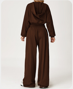 Ensemble décontracté 2 pièces pour femme : sweat à capuche court zippé en molleton bouclette et pantalon large, <span class=keywords><strong>couleur</strong></span> unie, style streetwear pour l'automne - Product Image 4