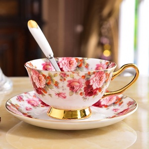 Vintage Style Eco-Friendly Ceramic Floral Coffee <strong>Cup</strong> <strong>Saucer</strong> <strong>Set</strong> 200ml Bone China with Custom Logo <strong>and</strong> Dish for Restaurant - Product Image 6