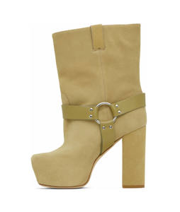 スクエアトゥユニセックス女性用プラットフォームブロックヒールミッドカーフグレインレザーブーツブラック高級13ブラックシドヒールハーネスアンクルブーツ - Product Image 5