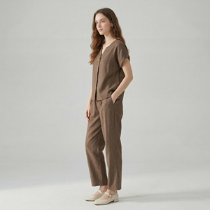 Conjunto <span class=keywords><strong>de</strong></span> <span class=keywords><strong>Dos</strong></span> <span class=keywords><strong>Piezas</strong></span> <span class=keywords><strong>de</strong></span> Lino <span class=keywords><strong>para</strong></span> Mujer, Estilo Casual, Cuello en V, Manga Corta, Pantalones Anchos, Traje Elegante <span class=keywords><strong>para</strong></span> Verano 2025, Ropa <span class=keywords><strong>de</strong></span> Estar por Casa - Product Image 4