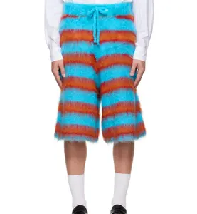 OEM & ODM Custom Male Mohair High street Knitwear Shorts Men Striped Fluffy Sweaters Drawstring Shorts