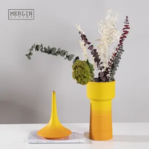 Merlin Grosir Vas Kerajinan Ditarik Tangan, Warna Kuning, Bentuk Corong Modern Dekoratif untuk Vas Bunga Keramik