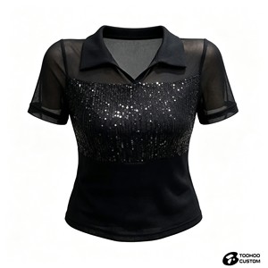 <b>Sequin</b> Slim V-Neck <b>Top</b> <b>Women</b> Short Sleeve Sheer Polo Collar Blouse Spring Summer Party Sexy Fit Black Mesh Sequined - Product Image 1
