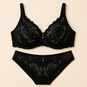Ensemble de lingerie en maille deux pièces pour femmes, soutien-gorge en dentelle florale avec détails de bretelles croisées et culotte taille haute - Product Image 1