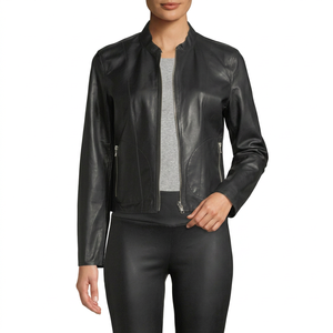 Veste en cuir véritable noire pour femme, col rond, fermeture éclair intégrale, style streetwear décontracté - Product Image 2