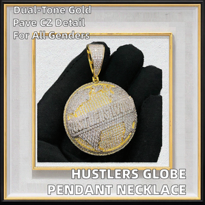 Hustlers kalung liontin bola dunia, dua warna lapis emas mikro Pave 5A CZ peta gaya Hip Hop pria Tautan kuningan liontin modis - Product Image 2