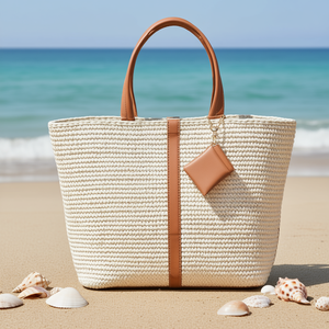 Sac de plage tissé pour femme Fana Alola M3729 en cuir de vachette blanc, trois poignées, fermeture ouverte, sac à main de luxe - Product Image 2