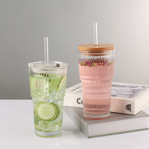 Offre Spéciale de haute qualité réutilisable 20oz/600m <span class=keywords><strong>LGlass</strong></span> Drink Cup Set Coffee Beverage Striped Glass Tumbler Set avec couvercle en bois Straw - Product Image 6