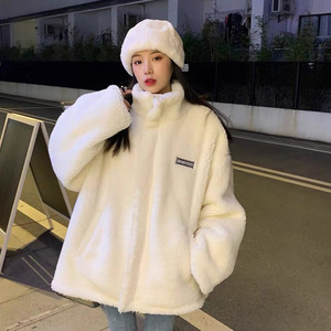 White Faux Fur Coat Women's Loose Thickened Winter Jacket Stand Collar Warm Outwear - Product Image 1