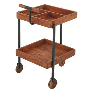 Rustikaler 2-stöckiger Servierwagen aus Akazienholz, klassischer Küchenwagen mit unterteilter Oberseite und Holzgriff - Product Image 2