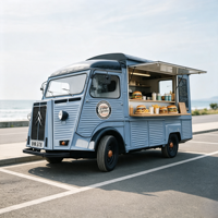 Mobile vintage personnalisé en fibre de verre gris-bleu pour station de burgers, de bonbons et de boissons fraîches, idéal pour les zones côtières et routières.